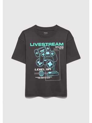 Mavi Level Up Baskılı Tişört Kömür