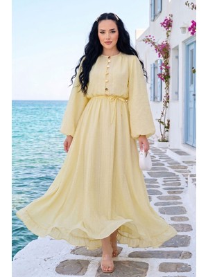 SMS Balon Kol Eteği Fırfırlı Tesettür Elbise Sarı
