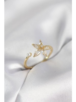 Epilons Lotus Model Zirkon Taşlı Gold Renk Kadın Yüzük - TJ-BYK4095