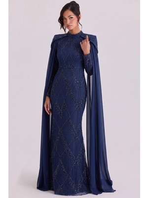 Olcay İnci ve Pul Bezeli Pelerin Detaylı Exclusive Tesettür Abiye Elbise LACİVERT 1091