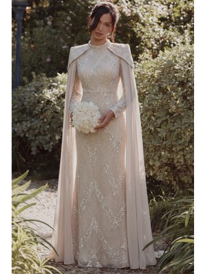 Olcay Inci ve Pul Bezeli Pelerin Detaylı Exclusive Tesettür Abiye Elbise Taş 1091