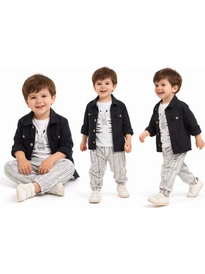 Modenya 2-6 Yaş Müslin Gömlekli Tişörtlü 3lü Çocuk Takımı