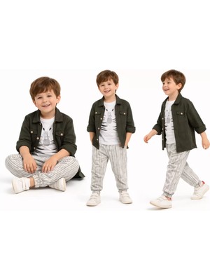 Modenya 2-6 Yaş Müslin Gömlekli Tişörtlü 3lü Çocuk Takımı