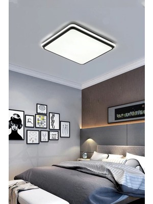 Lenart Lighting Kare Model LED Çerçeveli Siyah Avize Kumandalı 3 Renk Aydınlatmalı Tavan LED Avize, Tavana Yapışık Avize