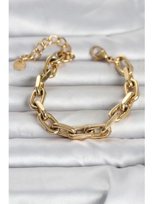 Mey İthalat Mey Ithalat® 316L Çelik Gold Renk Kalın Zincirli Kadın Bileklik