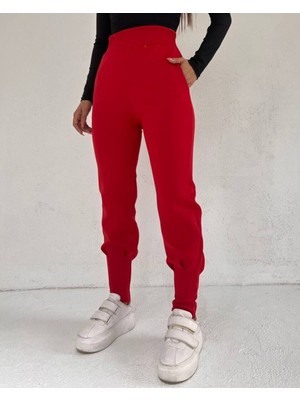 Moda Morfo Beli Lastikli Paçası Dikişli Cepli Scuba Pantolon -Kırmızı