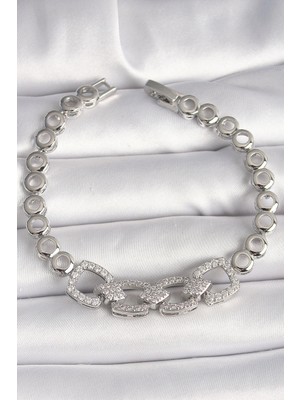 Pirinç Gümüş Renk Zirkon Taşlı Daire Zincir Model Kadın Bileklik