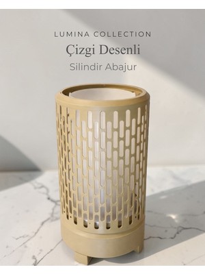 Korixa Korıxa Lumina Çizgi Desenli Silindir Abajur – Modern Dekoratif Masa Lambası & Gece Lambası Bej