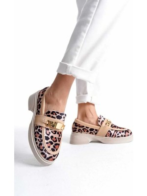 v.s.h velvet Kadın Günlük Loafer Metal Tokalı Leopar Rahat Ayakkabı