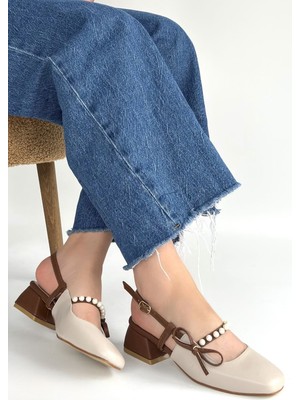 Erbilden Ceyda Bej Cilt Taba Detaylı Blok Topuklu Ayakkabı