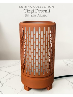 Korixa Korıxa Lumina Çizgi Desenli Silindir Abajur – Modern Dekoratif Masa Lambası & Gece Lambası  Kiremit