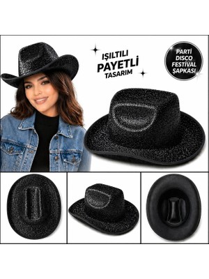 AyrStore Buğz Parlak Siyah Kovboy Şapka Kadın Erkek Parti Disco Festival Şapkası