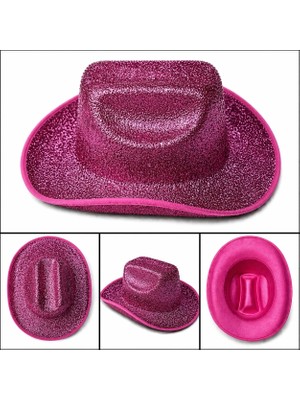 AyrStore Buğz Parlak Pembe Kovboy Şapka Kadın Erkek Parti Disco Festival Şapkası