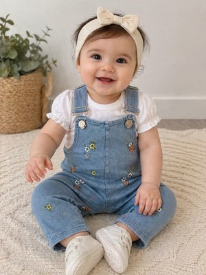Baby Buu Çiçek Nakışlı Kot Salopet 2’li Bebek Takım