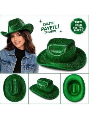 AyrStore Buğz Parlak Yeşil Kovboy Şapka Kadın Erkek Parti Disco Festival Şapkası