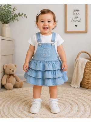 Baby Buu 👉 Kız Bebek Kot Jile Elbise Takım 2’li – Askılı Fırfırlı Denim Elbise + Tişört