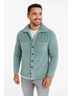 Civetta Erkek Pelüş Polar Hırka Gömlek Yakalı Ilik Düğmeli Göğüs Cepli Yumuşak - Bebe Mavisi