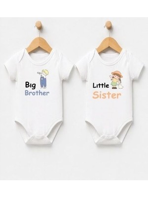 Sun Baby Home Sunbabyhome %100 Pamuklu Bebek Body -Big Brother And Little Sister - Ikizlere Bebek Zıbın Badi - Beyaz Yazılı Zıbın