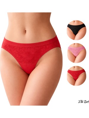 Tutku Kadın Pamuklu Slip 3’lü Günlük Set – Kırmızı, Siyah, Pembe , Bikini Kesim
