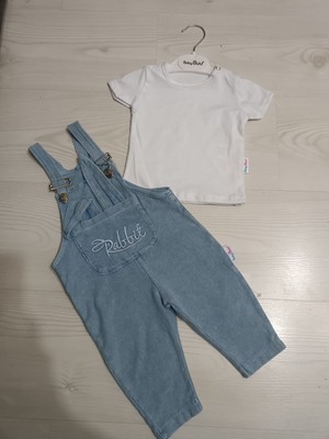 Unez Baby Tavşan Detaylı Kot Salopet Takım – Unisex Bebek Yazlık Tulum Set