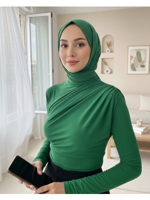 Moda Morfo Yarım Boğaz Büzgülü Sandy Bluz -Yeşil