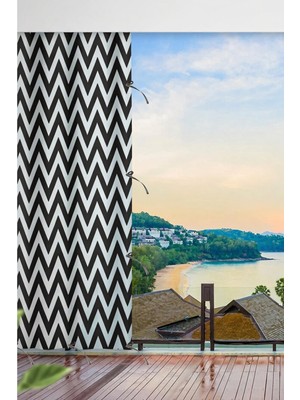 Taç Siyah Beyaz Zikzak Desenli Su Geçirmez Kornişli Bağcıklı Lüks Balkon Perdesi Branda