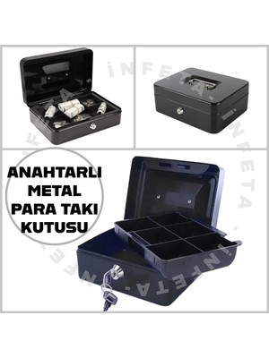 İnfeta 15X12X8 cm Anahtarlı Para Değerli Eşya Saklama Kutusu Küçük Taşıma Kulplu Metal Kutu Kasa