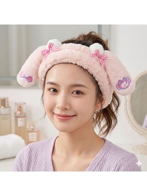 My Melody Peluş Saç Bandı Kadın Makyaj Cilt Bakım Peluş Spa Bandı Kawaii Tavşan Kulak Pembe