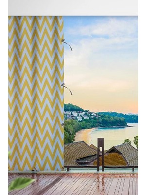 Taç Sarı Beyaz Zikzak Desenli Su Geçirmez Kornişli Bağcıklı Lüks Balkon Perdesi Branda