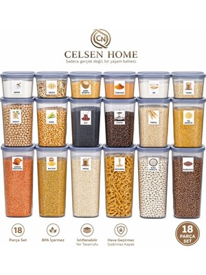 Celsen Home 18’li Antrasit Erzak & Bakliyat Saklama Kabı Seti | 3 Farklı Boy | Etiket Hediyeli (1,75–1,2–0,55 L)