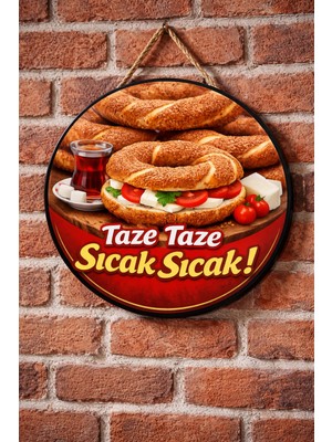 Mayeka Simit ve Çay Temalı Simitçiler Börekçiler Kahvaltıcılar Için Ahşap Duvar Kapı Dekoratif Süs Tablo