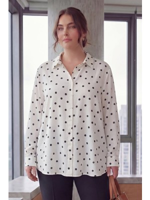 Rmg Puantiyeli Uzun Kol Kadın Büyük Beden Gömlek Beyaz