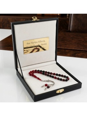 Isim Yazılan Tesbih, Özel Deri Kutulu, Harfli Kişiye Özel Ateş Kehribar Tesbih, Erkek Hediye Tesbih