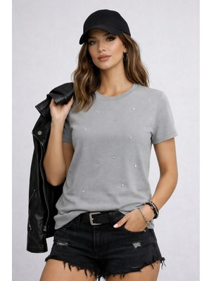 Kadın Siyah Kalp Taşlı Basic Tişört Bisiklet Yaka Günlük Şık Tshirt