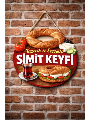 Mayeka Simit ve Çay Temalı Simitçiler Börekçiler Kahvaltıcılar Için Ahşap Duvar Kapı Dekoratif Süs Tablo