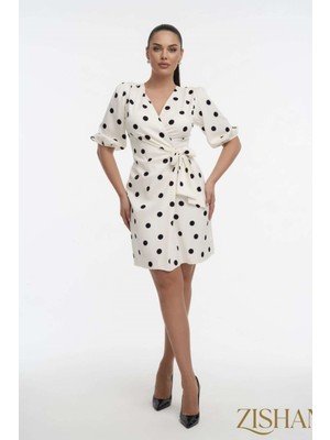 Zishan Fashion Saten Kruvaze Bağlama Detaylı Puantiyeli Midi Kadın Elbise | S - 4xl 2760