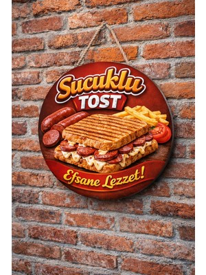 Mayeka Sucuklu Tost Temalı Simitçiler Börekçiler Kahvaltıcılar Için Ahşap Duvar Kapı Dekoratif Süs Tablo