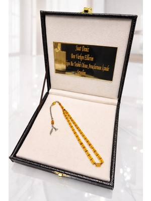 Deri Kutulu Tesbih, Bilek Boy Tesbih, Harfli Kişiye Özel Yazılı Tesbih, Kesme Kehribar Tesbih