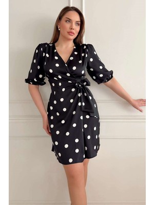 Zishan Fashion Saten Kruvaze Bağlama Detaylı Puantiyeli Midi Kadın Elbise | S - 4xl 2760