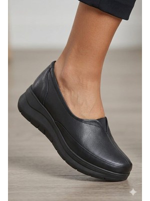 Shoemix Hakiki Deri Siyah Kadın Günlük Konfor Ayakkabı - Rahat Taban Casual Loafer