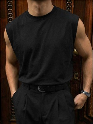 Elku Moda Erkek Oversize Sıfır Kol T-Shirt Geniş Omuz Kesim Salaş Basic Atlet Pamuklu Rahat Kalıp Tişört