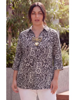Rmg Yaka Aksesuarlı Gömlek Yaka Büyük Beden Bluz