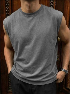 Elku Moda Erkek Oversize Sıfır Kol T-Shirt Geniş Omuz Kesim Salaş Basic Atlet Pamuklu Rahat Kalıp Tişört