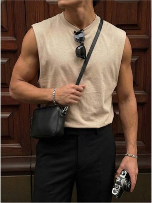 Elku Moda Erkek Oversize Sıfır Kol T-Shirt Geniş Omuz Kesim Salaş Basic Atlet Pamuklu Rahat Kalıp Tişört