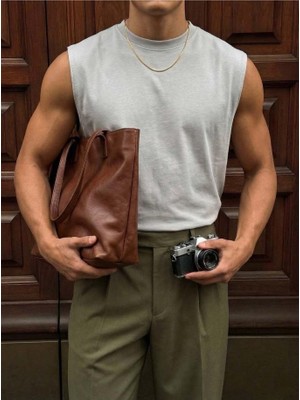 Elku Moda Erkek Oversize Sıfır Kol T-Shirt Geniş Omuz Kesim Salaş Basic Atlet Pamuklu Rahat Kalıp Tişört