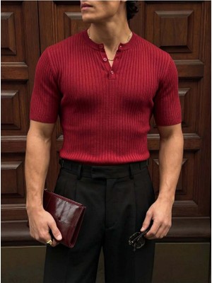 Elku Moda Erkek Düğmeli Bisiklet Yaka T-Shirt - Slim Fit Fitilli Ribana Örme Henley Yaka Tişört Old Money