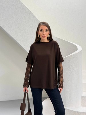 Minnoş Kahverengi Güpür Kollu Bluz