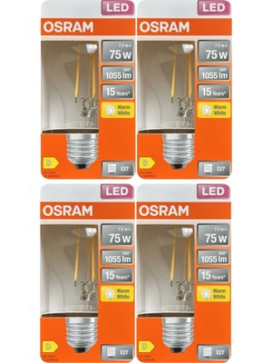 Avarson (4 Adet) Ledvance 7,5W Sarı Işık (2700K) E27 Duylu (Kalın Duy) Filament LED Ampul