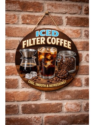 Mayeka Iced Filter Coffee Temalı Cafeler Kahveciler Baristalar Için Ahşap Duvar Kapı Dekoratif Süs Tablo