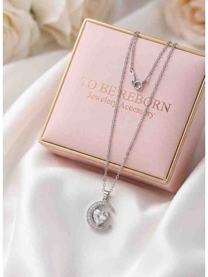 Zirkon Taşlı Çelik Kolye Ay Kalp